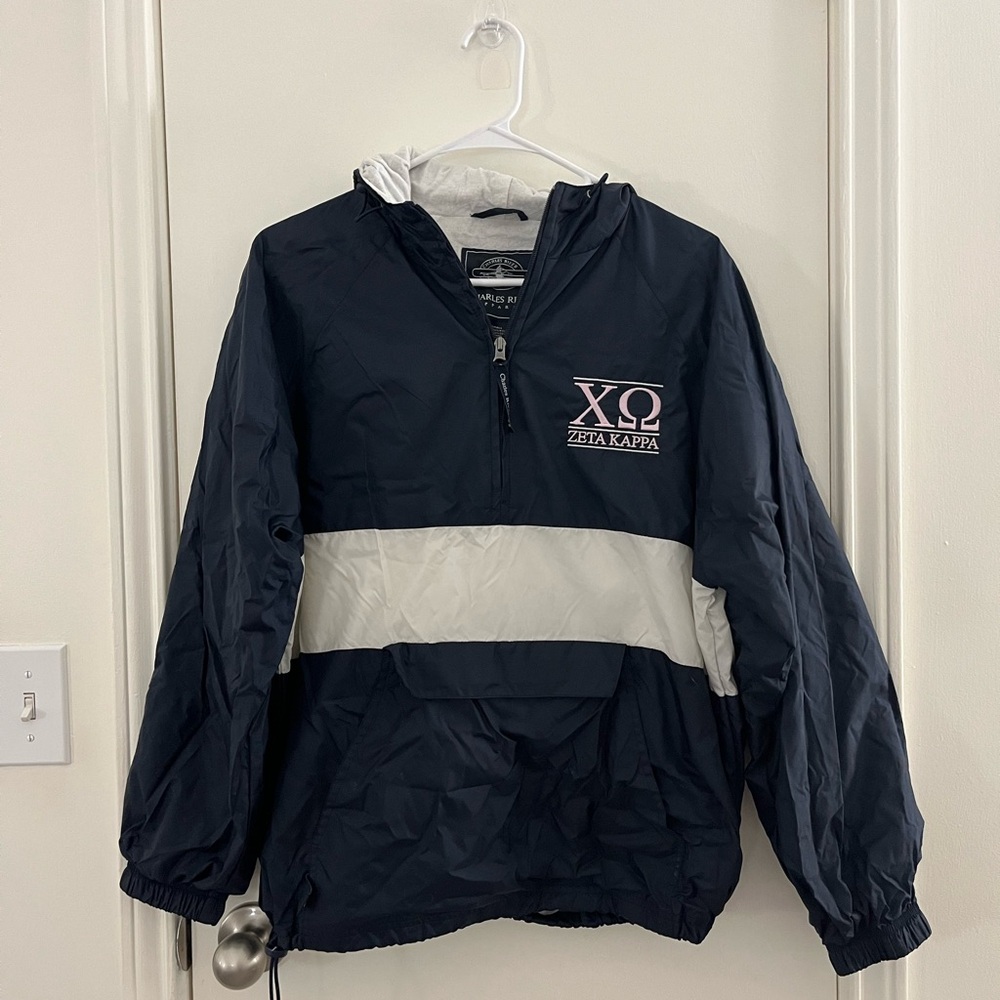 Charles River Apparel Chi Omega navy & white quarter zip windbreaker, sz small!